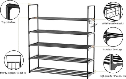 Metal Shoe Organizer,5 Tiers Shoe Storage Shoe Rack with Hooks,Fit 20-25 Pairs,Adjustable Shoe Shelf for Entryway,Hallway,Bedroom,Metal Bottom Support