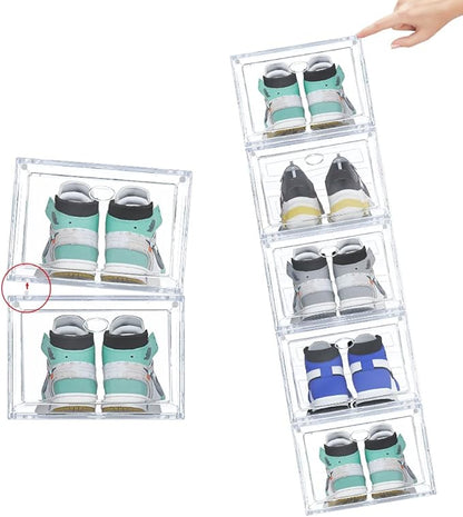 Large Clear Plastic Shoe Boxes Stackable Organizing Sneaker, 10 Pack Drop Front Shoe Storage Boxes for Closet, plastic shoe storage entryway for Size 12 (Clear 10 Pack)