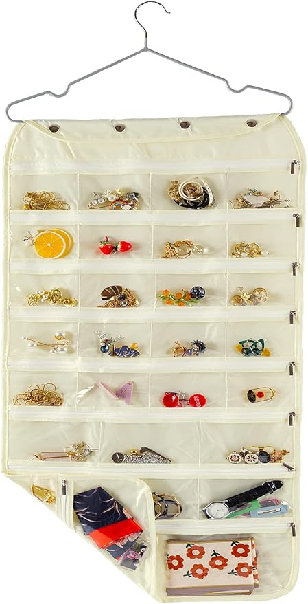 ass Organizer Storage, Dual-sided Hanging Sunglasses Holder Wall with 16 Pockets Jewelry Organizer and 16 Hooks Necklace Holder Organizer - Beige