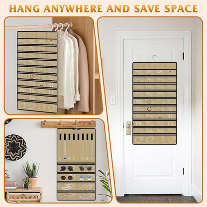 Hanging Jewelry Organizer 1 pack, Double-Sided,Multi-pocket-48 Pockets + 8 hook for Earrings/Necklaces/Rings/Bracelets, Sturdy Hooks fits Closet/Wall/Door, Gift for Women