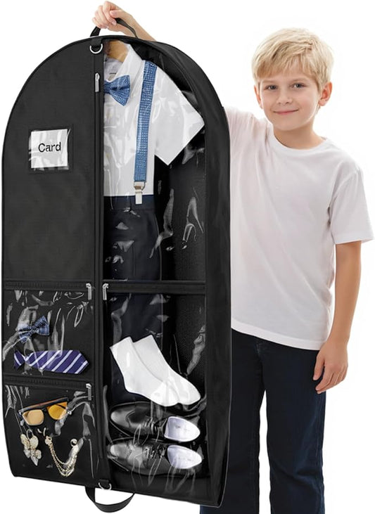 Dance Garment Bags for Dancers, 40" Garment Bags for Hanging Clothes with 3 Clear Zipper Pockets, Cheer Uniform Garment Bag for Suits, Travel & Sports Jersey, Cheer Uniform (Black, 1Pack 40")