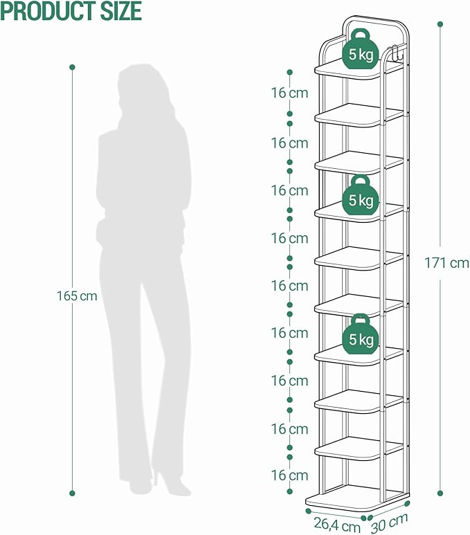 Hzuaneri 10 Tiers Vertical Shoe Rack, Narrow Shoe Tower, Tall Shoes Shelf with 2 Hooks, Adjustable Shelves, Corner Shoes Shelves for Small Spaces, Entryway, Living Room, White SR11213W