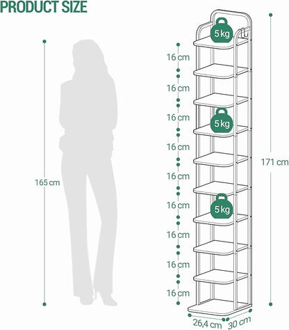 Hzuaneri 10 Tiers Vertical Shoe Rack, Narrow Shoe Tower, Tall Shoes Shelf with 2 Hooks, Adjustable Shelves, Corner Shoes Shelves for Small Spaces, Entryway, Living Room, White SR11213W