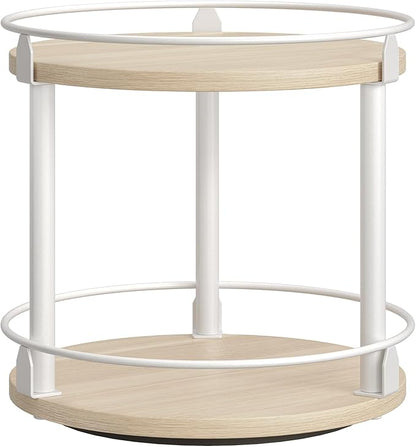 YATINEY Lazy Susan Organizer, Rotating Spice Rack, 2 Tier Spice Turntable Organizer, Industrial Turntable Spice Holder, for Kitchen Countertop, Compact and Versatile, White and Light Oak SR22WG