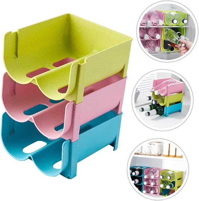 3pcs Stackable Non-skid Drink Storage Container Creative Refrigerator Organizer for Wine and Beer Cans Fall and Space-saving Design Green Blue Pink