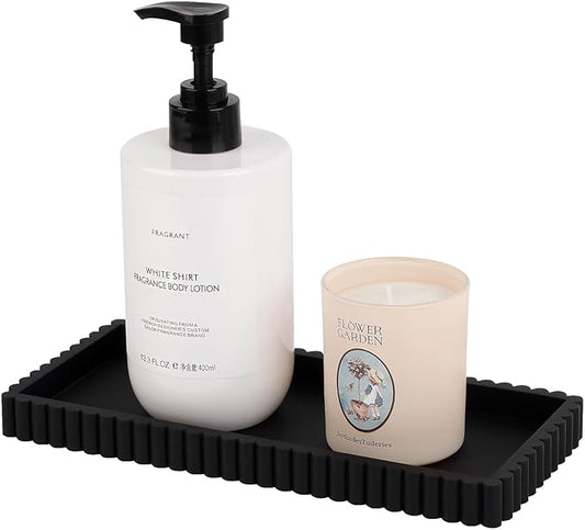 Silicone Bathroom Tray Small Vanity Organizer Rectangle Sink Caddy Sponge Holder Kitchen Counter Decor for Dish Soap, Perfume, Candle, Black