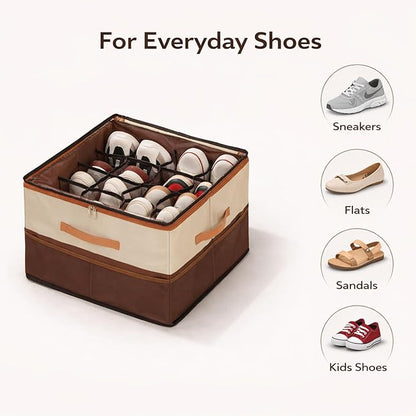 Shoe Organizer for Closet, 2 Pack Foldable Shoe Storage Organizer with Clear Cover and Reinforced Handles,Space Saving Stackable Shoe Boxes for Closet and Bedroom,Coffee Brown and Cream Beige