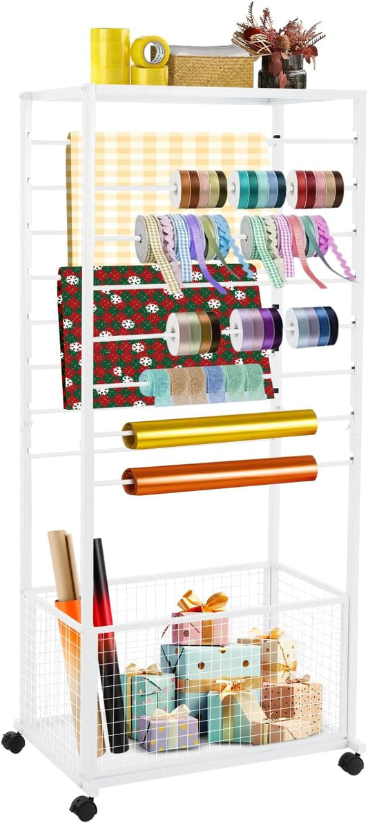 Ribbon Organizer Rack, Double Sided 16-Tier Ribbon Holder Organizer Rack, Flower Wrapping Paper Storage Stand, Scarf Tie Belt Towel Display Shelf Sewing Station Cart (White)