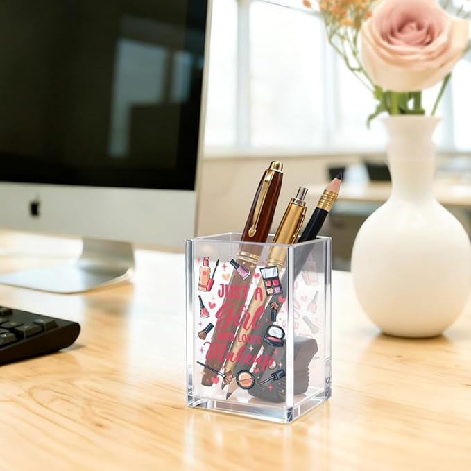 Just A Girl Who Loves Makeup Acrylic Cosmetic Pencil Pen Holder Cup, Inspirational Quote Gifts for Mom Grandma Aunt Daughter Niece Women, Birthday Christmas Gifts for Makeup Artist Enthusiast
