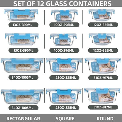 12 Pack Glass Storage Containers Transparent, Stackable Design Meal Prep Containers for Food Storage, Home, Kitchen & Pantry Organization, Microwave/Freezer/Dishwasher Safe