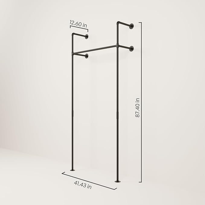 pamo Wall Mounted Pipe Clothing Rack – Industrial Closet System in Black Powder-Coated Steel – 41" W × 87" H, 309 lbs – Walk-In Closet & Retail