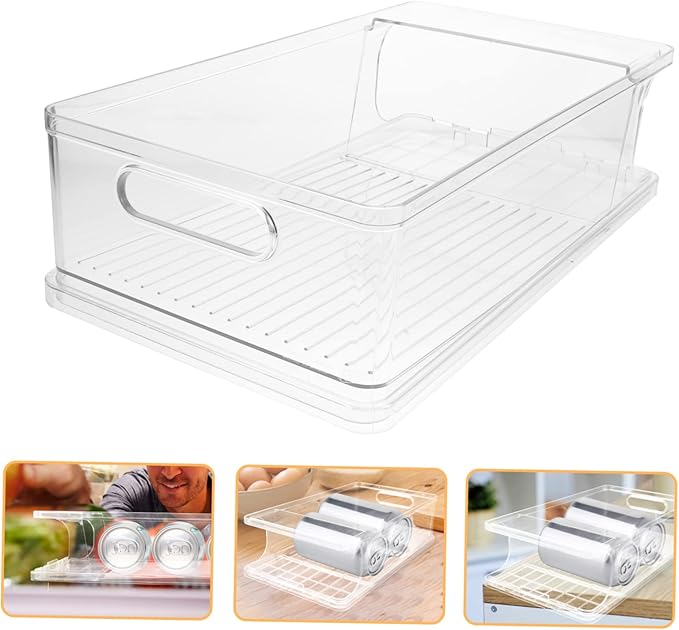 Beverage Can Holder Stackable Rolling Organizer for Fridge Countertop Cabinet Space Saving Transparent Design for Easy Access Practical Refrigerator Can Dispenser