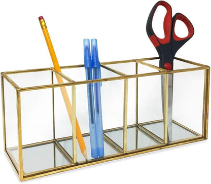 Isaac Jacobs 4-Compartment Organizer- Makeup Brush Holder- Vintage Style Brass and Glass Storage Solution with Mirror Base- Office, Bathroom, Kitchen Supplies and More (Antique Gold)