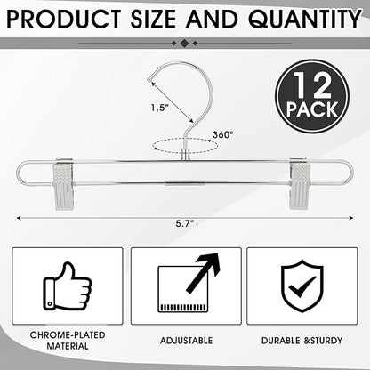 12 Pcs Metal Chrome Pant & Skirt Hanger Set with 360-degree Swivel Hooks, Metal Pant Hangers with 2-Adjustable Clip Anti-Rust Hangers for Skirt, Jeans, Slacks & Trousers