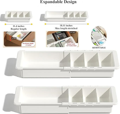 Sliding Drawer Tray with Adjustable Dividers, Expandable Kitchen Storage Organizer, Sliding Drawer Bin, Expandable Drawer Organizer, 2 PCS Drawer Organizer Trays For Utensils, Flatware, Junks