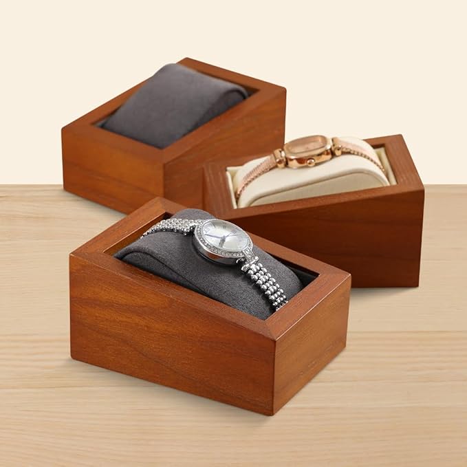 Wooden Watch Display Stand With Pillow, Wristwatch Organizers, Men Women Watch Storage Holder (Willow Wood, Gray Velvet)