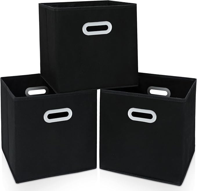 Fabric Cloth Storage Bins,Cube Organizer with Dual Handles Foldable Baskets for Home Bedroom,Set of 3, Black