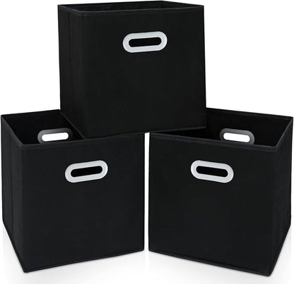 Fabric Cloth Storage Bins,Cube Organizer with Dual Handles Foldable Baskets for Home Bedroom,Set of 3, Black