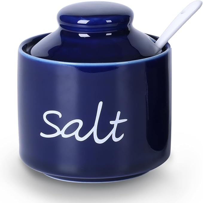 ONTUBE Farmhouse 8oz Salt Bowls with Lid and Spoon, Ceramics Condiment Pots, Seasoning Jar Spice Container for Kitchen, Dishwasher Safe (Navy)