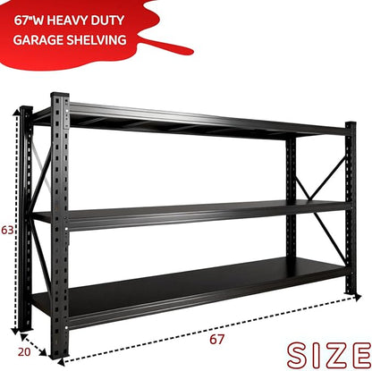 67"W Heavy Duty Garage Shelving Unit,5000LBS Adjustable Metal Storage Shelves,3 Tier Shelves with Double-Layer Posts,63"H Industrial Shelf Suitable for Garage,Basement,Warehouse,Storage Room,Black