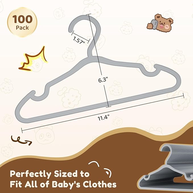 VILICK Plastic Kids Hangers - 100 Pack Non-Slip Baby Clothes Hangers for Closet, Toddler & Newborn Clothing Pants, Skirts, Coats (Grey)