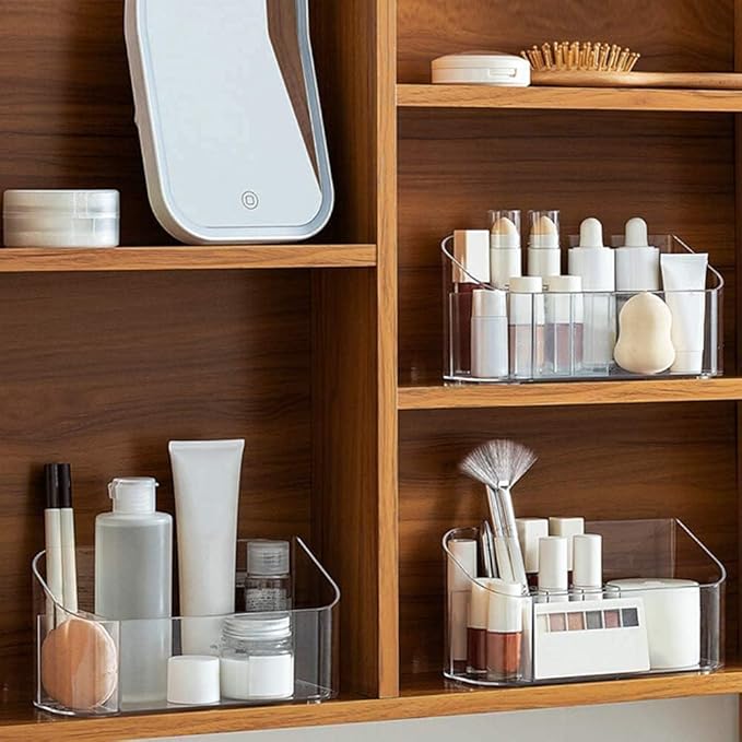 LINFIDITE Makeup Organizer Tray Bathroom Cabinet Cosmetic Storage with 9 Compartments 2 Removable Dividers Lipgloss Organizer Makeup Display Tray Case for Beauty Essentials Crystal Clear