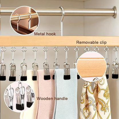 Closet Organizer with 12 Clips, 2026 Upgrade Space Saving Hanging Closet Organizer, Space-Saving Hat Scarf Clothespins for Jeans Skirts Socks Pant Hangers with Clips (Black)
