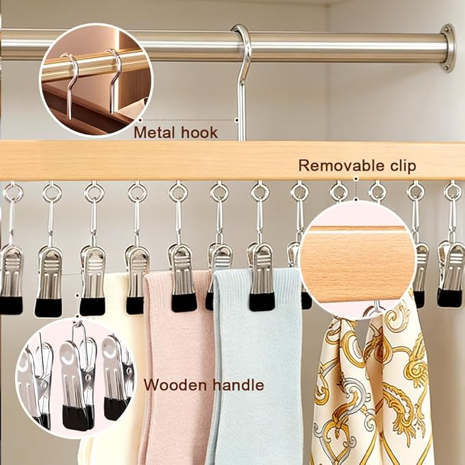 Closet Organizer with 12 Clips, 2026 New Upgraded Space Saving Hanger with 360° Rotating Metal Clips Silicone Lining for Scarves, Pants, Skirts, Towels (Black, 2 PCS)