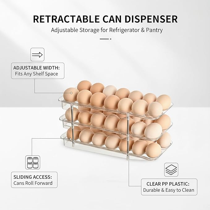 Retractable Can Dispenser, Adjustable Width Sliding Storage Rack for Refrigerator & Pantry, Clear PP Plastic Beverage Organizer