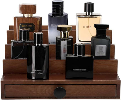 Walnut Cologne Organizer for Men - 4 Tier Wooden Cologne Perfume Display Stand with Drawer and Hidden Compartment, Mens Cologne Holder Shelf for Organizing and Storing