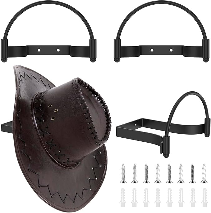 4 Pcs Metal Cowboy Hat Rack, Wall Mounted, Black Cap Holder, Multifunctional Western Rustic Decorative Cowboy Hat Hooks for Home Apartment Dormitory