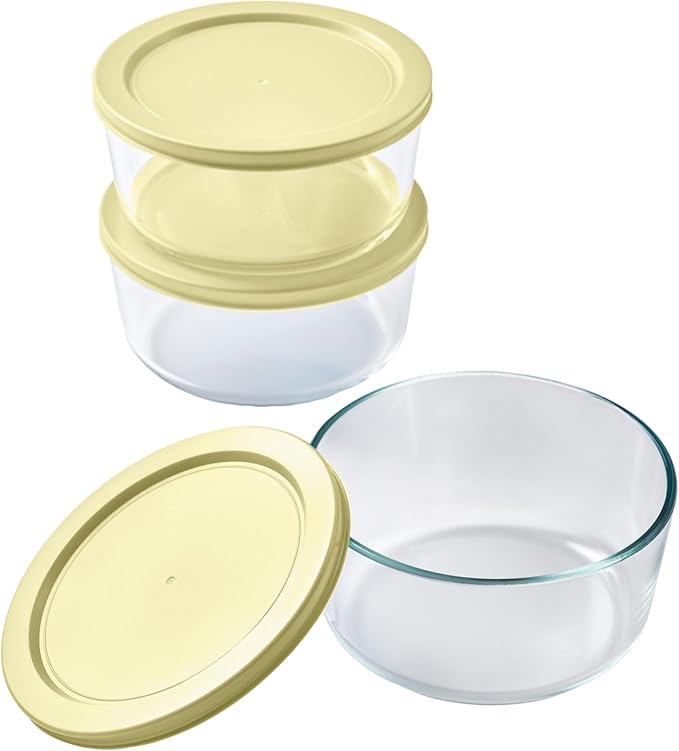 6-Piece Glass Food Storage Containers Set (3 Containers + 3 BPA-Free Lids) | 4-Cup, Leakproof | Microwave, Freezer, Oven & Dishwasher Safe | Ideal for Meal Prep & Pantry Organization, Yellow
