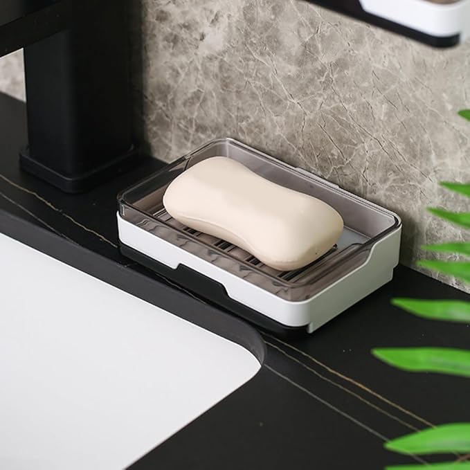 2 pcs Self Adhesive Soap Dish with Drawer-Type Drip Tray and 2 No-Trace Adhesive Pad, Wall Mounted Soap Holder Shower Sink Bar Soap Sponge Holder Tray Rack(White)