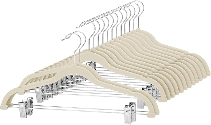 Cozymood Velvet Skirt Hangers 36 Packs Ultra Thin Hangers with Clips Non Slip Velvet Pant Hanger Space Saving Clothes Hanger with Clips for Pants, Skirts, Jeans, Shorts (Beige)