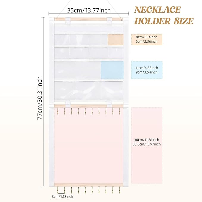Necklace Holder Wall Mount, Hanging Jewelry Organizer, 20 Hooks & 14 Pockets, Wall Necklace Organizer With Detachable PVC Bags for Tavel, Jewelry Necklace Hanger for Bracelets,Rings Display