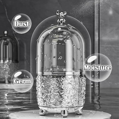 Makeup Brush Holder Organizer with Lid, 360°Rotating Dustproof Makeup Brushes Organizer, 4 Compartment Make Up Brushes Cup for Vanity Desktop Bathroom Countertop (Transparent)