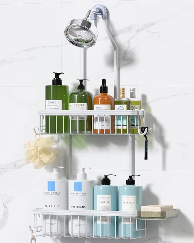 YASONIC Shower Caddy Hanging, Never Rust Shower Organizer Hanging, Aluminum Shower Racks for Inside Shower with Hooks for Razor, Bathroom Organizers and Storage with Soap Holder, White