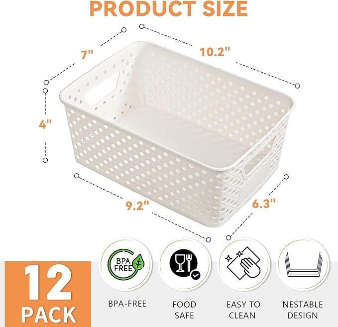 12 Pack Plastic Storage Baskets for Organizing, Storage Baskets for Shelves with Handles, Small Storage Bins with Labels, Organizer Baskets for Cabinet,Closet, Office