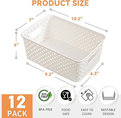 12 Pack Plastic Storage Baskets for Organizing, Storage Baskets for Shelves with Handles, Small Storage Bins with Labels, Organizer Baskets for Cabinet,Closet, Office