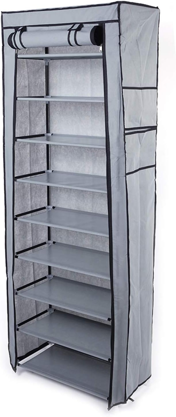 lapday 10 Tier Shoe Rack with Covers, Narrow Tall Shoe Shelf with Side Pocket, Free Standing Shoe Storage Cabinet for Closet Hallway,Bedroom,Entryway (Gray)
