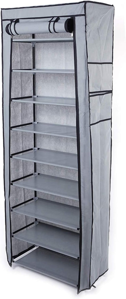lapday 10 Tier Shoe Rack with Covers, Narrow Tall Shoe Shelf with Side Pocket, Free Standing Shoe Storage Cabinet for Closet Hallway,Bedroom,Entryway (Gray)