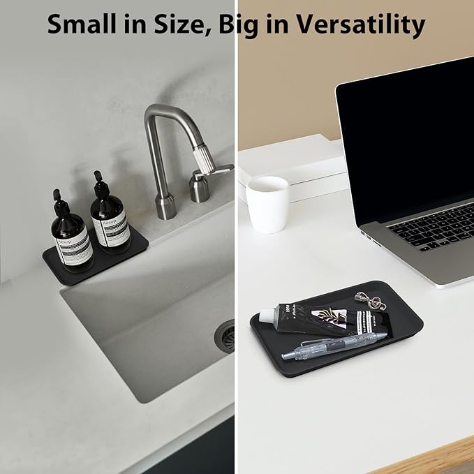Countertop Vanity Tray, Bathroom Silicone Shatterproof Tray, Soap and Sponge Holder for Kitchen Sink Toilet Tank, Bathroom Holders for Counter, Perfume Candle Key Valet - Black - Black