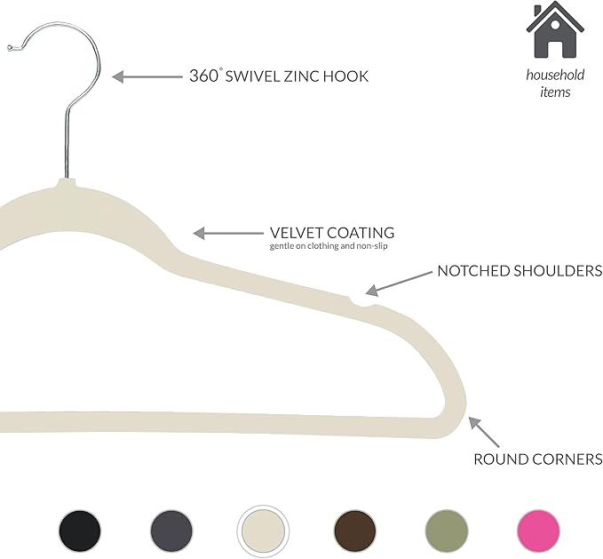 Simplify Slim Velvet Clothes Hangers | 50 Pack | Non-Slip | Shirts | Suit | Pants | Dresses | Garments | Closet Storage & Organization | Durable | Ivory