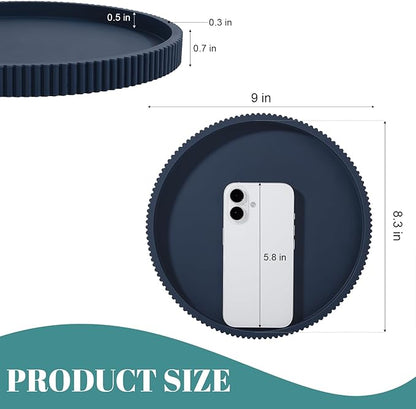 Silicone Bathroom Tray Round Kitchen Counter Organizer Decorative Vanity Accessories Coffee Table Decor for Perfume, Candle, Soap Dish, 9 Inch, Dark Blue