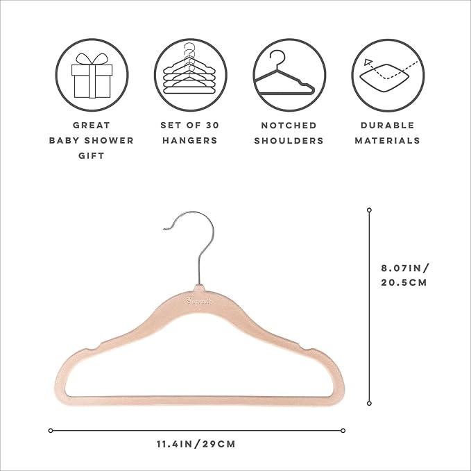 3 Sprouts Velvet Baby Hangers - Non-Slip Hangers for Infant and Toddler Clothes - Slim Space-Saving Design with Nordic Colors for Nursery - 30 Pack - Hazelnut