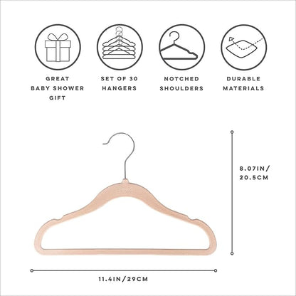 3 Sprouts Velvet Baby Hangers - Non-Slip Hangers for Infant and Toddler Clothes - Slim Space-Saving Design with Nordic Colors for Nursery - 30 Pack - Hazelnut