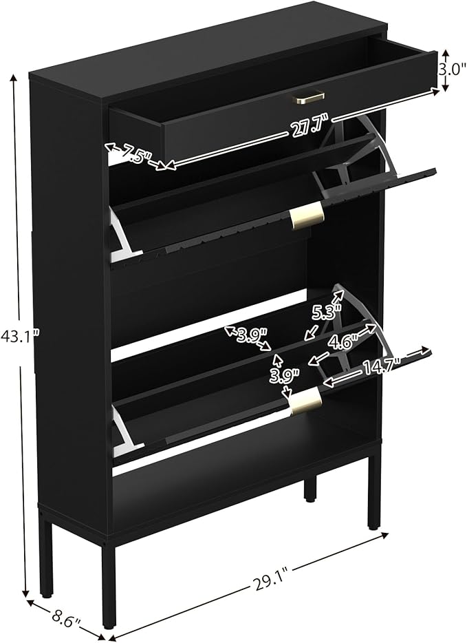 XIAO WEI Shoe Cabinet, Shoe Storage Organizer Cabinet with 2 Flip Half Moon Line Doors, Freestanding Shoe Rack with Adjustable Shelf for Entryway（Black）