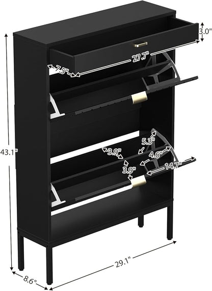 XIAO WEI Shoe Cabinet, Shoe Storage Organizer Cabinet with 2 Flip Half Moon Line Doors, Freestanding Shoe Rack with Adjustable Shelf for Entryway（Black）