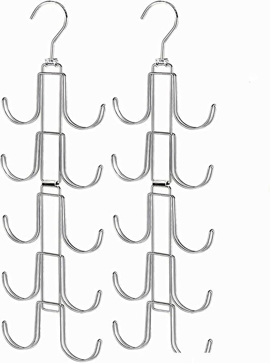 Handbags Purse Organizer for Closet: 2 Pack Bag Rack Hanger with 10 Big Hooks - 360° Rotation Purse Hanger for Display - Collapsible Space Saving for Handbag Belt Scarve Tie - Silver