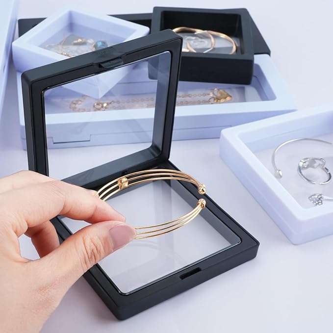 40 PCS Floating Display Case, 3D Challenge Coin Display Holder Frames with Stands, Transparent PE Jewelry Storage Box for Butterfly, Medallion, Shells, Gems, Pins, Specimen (Black)